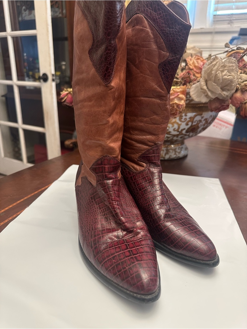#40 WOMENS DINGO SLOUCH BURGUNDY ALLIGATOR PRINT LEATHER COWBOY WESTERN BOOTS
